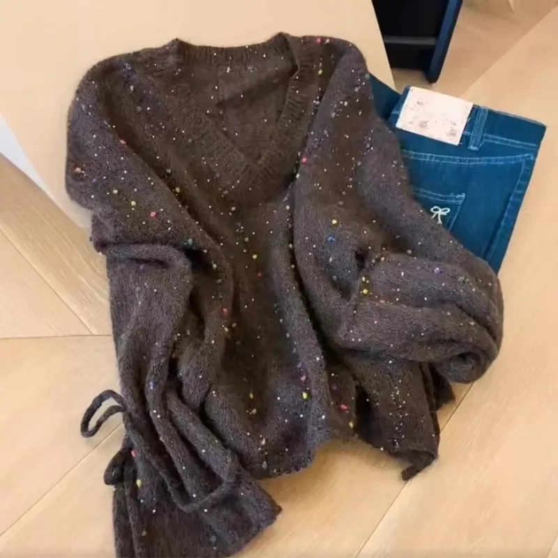 High End Retro Heavy Industry Sequin Strap Trumpet Sleeve Knitted Sweater  Winter New Lazy Soft Sticky V-neck Sweater for Women