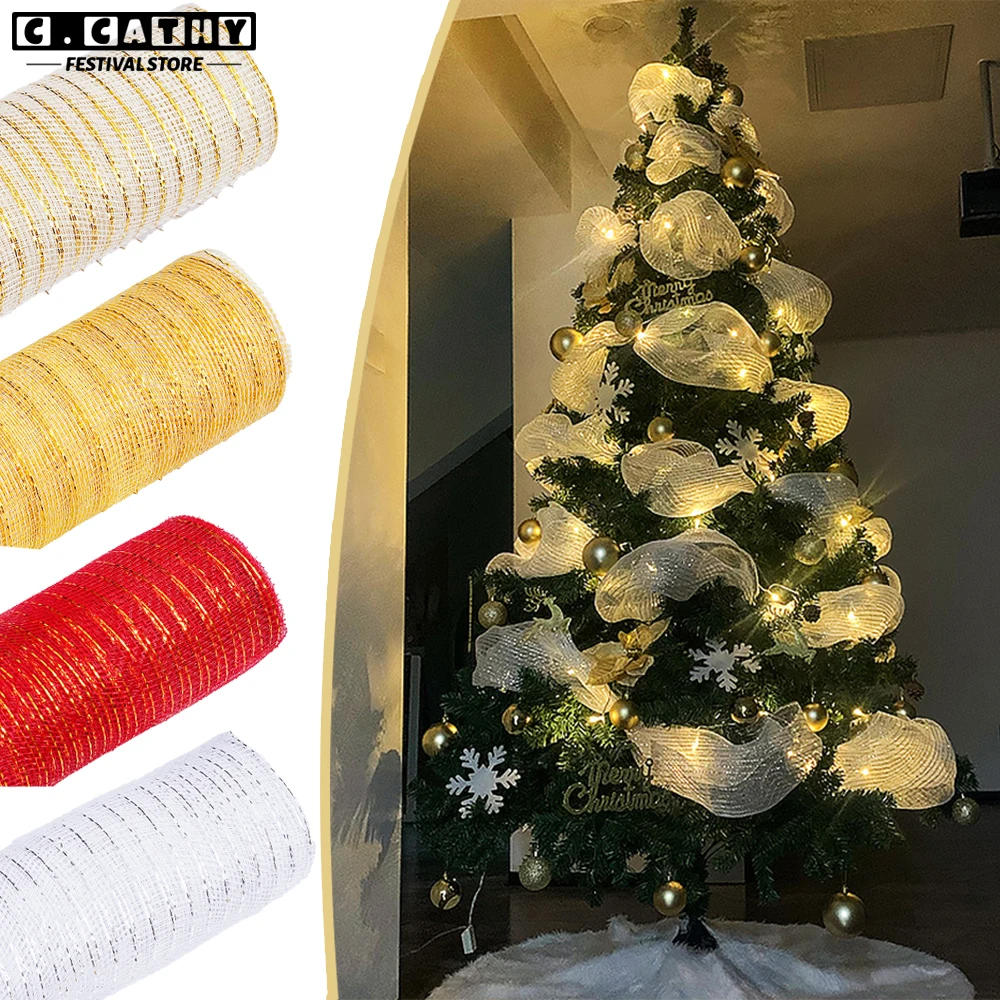 26cm 10 Yards Christmas Tree Ribbon Glitter Flower Wreath Mesh DIY Xmas Decoration Ribbon Gold Silver Red Party Supplies