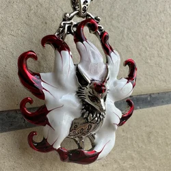 Vintage Silver Plated Enamel Nine Tails Fox Pendant Necklace for Men Women Hip Hop Animal Long Chain Necklace Jewelry Accessorie
