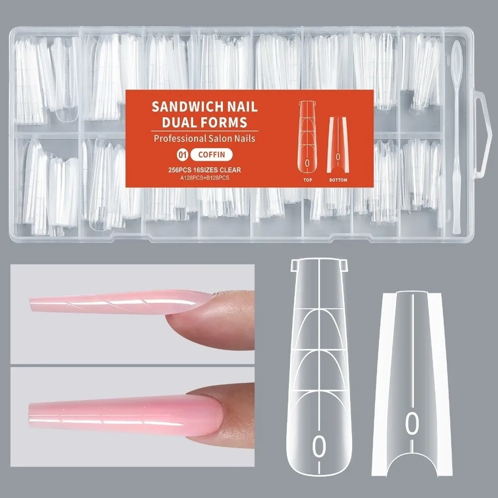 

256Pcs/Box New Full Cover Nail Sandwich Dual Form DIY Nail Tools Tips Nail Extension Form Transparent False Nails