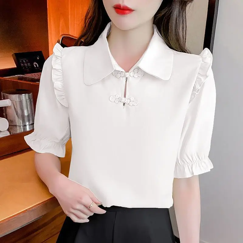 2024 Summer New Women\'s Solid Color Turn-down Collar Slim Elegant Versatile Short Sleeve Commuter Pan Button Chiffon Shirt Tops