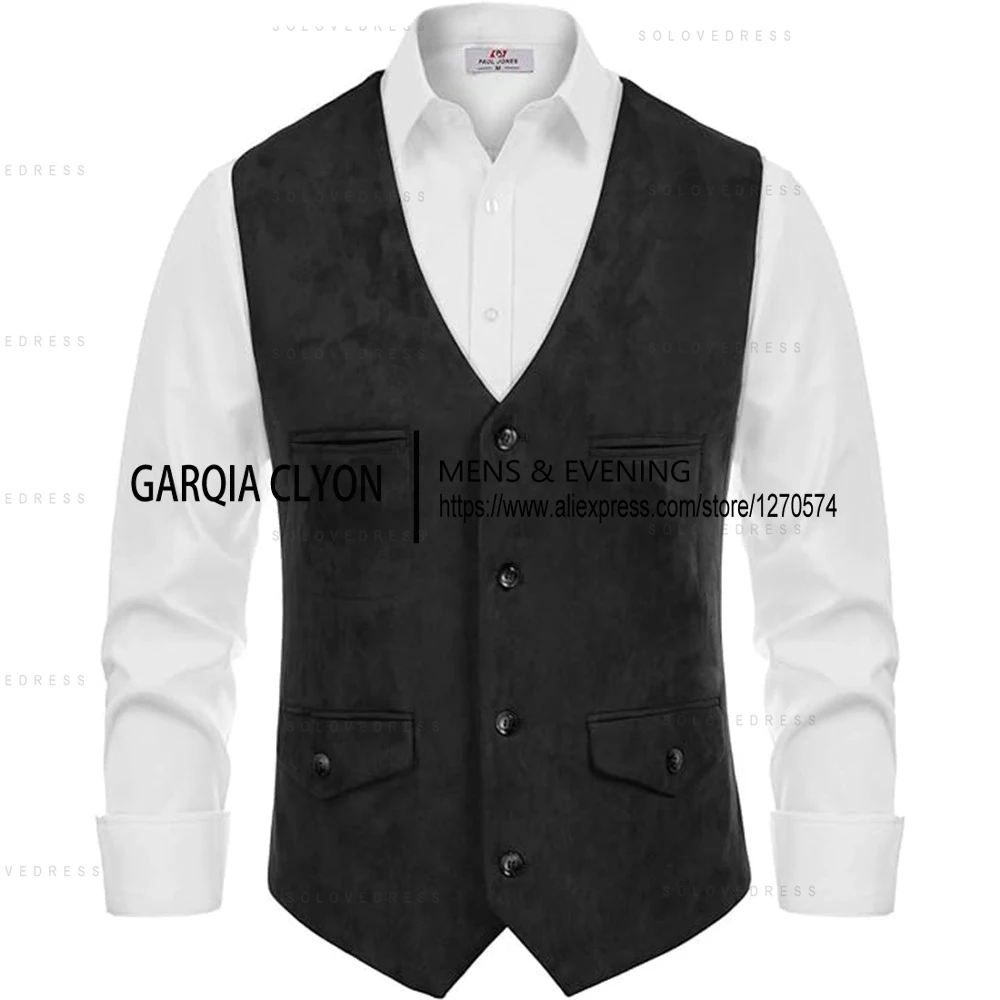 Classic Style V Neck Suede Vintage  Casual Western Cowboy Vest Single Breasted With Pockets Men's Waistcoat