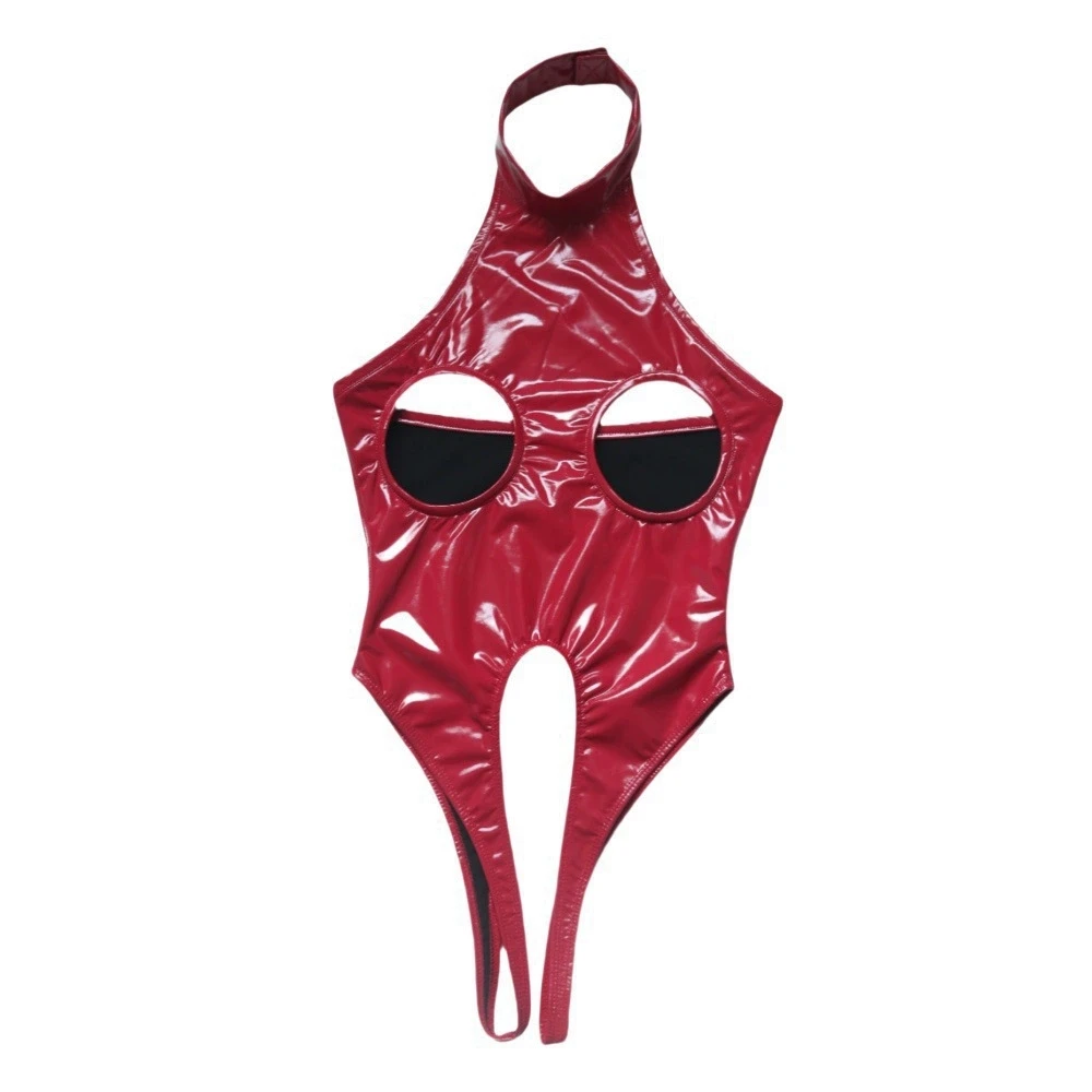 

Сексуальный женский боди с высоким вырезом и открытой грудью, цельные стринги, купальник из латексной искусственной кожи, колготки для горничной, купальник