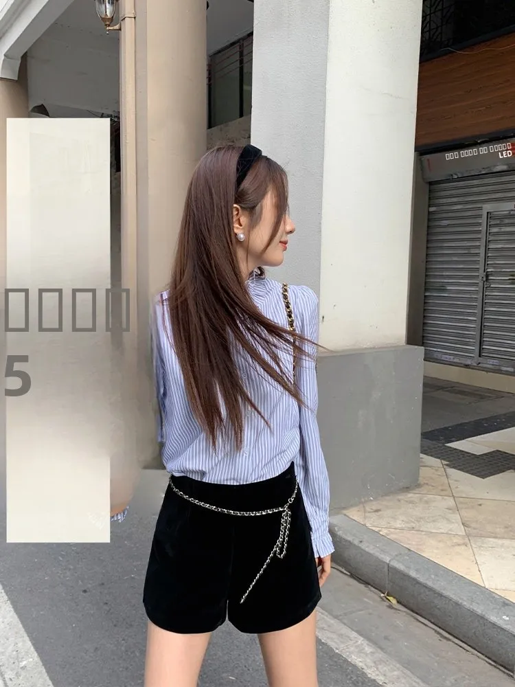 

Синяя полосатая рубашка с рюшами и воротником-стойкой, женская, в корейском стиле, приталенная, из хлопка, с длинным рукавом, дышащая, приятная к телу