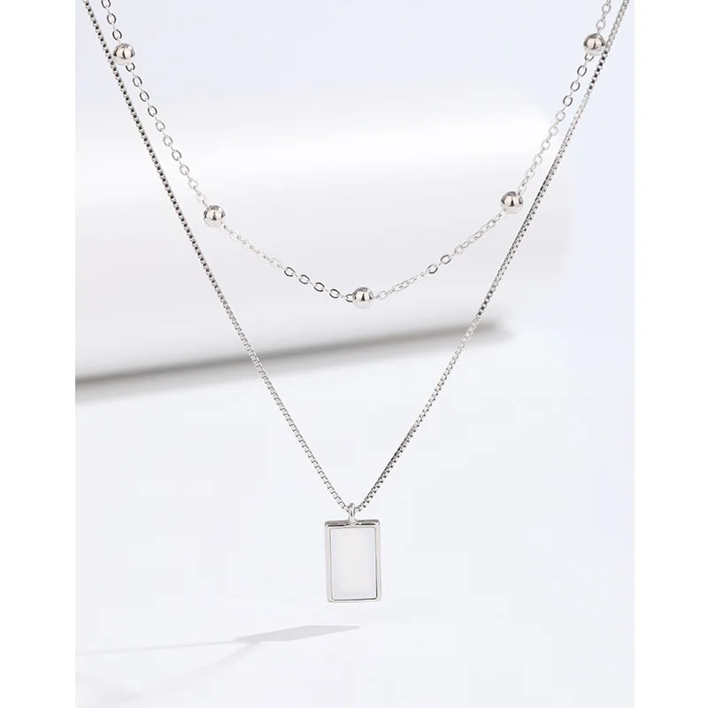 

White frimedary double sterling silver necklace female light luxury niche stack wear clavicle chain square pendant high sense sw
