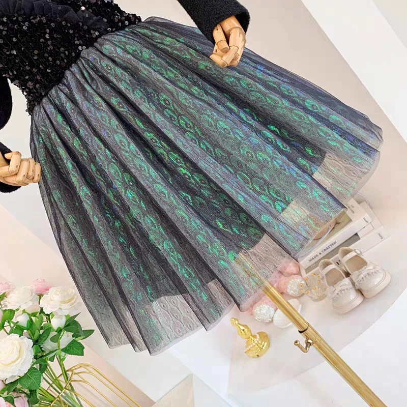 Peacock Feather Glitter Mesh Fabric Laser Print Dress Mesh Sewing women\'s Skirt Girl Gauze Skirt DIY Fabric Curtain Decoration