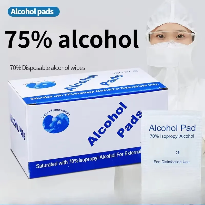 Disposable 75% alcohol swab for wound disinfection, essential first aid box supplies for home disaster preparedness.