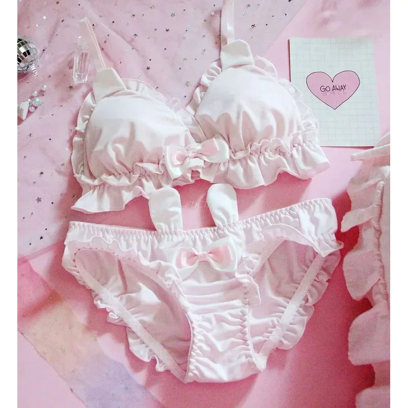 Cos Japanese Lolita Kawaii Bow Ruffle White Underwear Sexy Female Cute Rabbit Ears Lingerie Women's Bra & Panties Set Bras