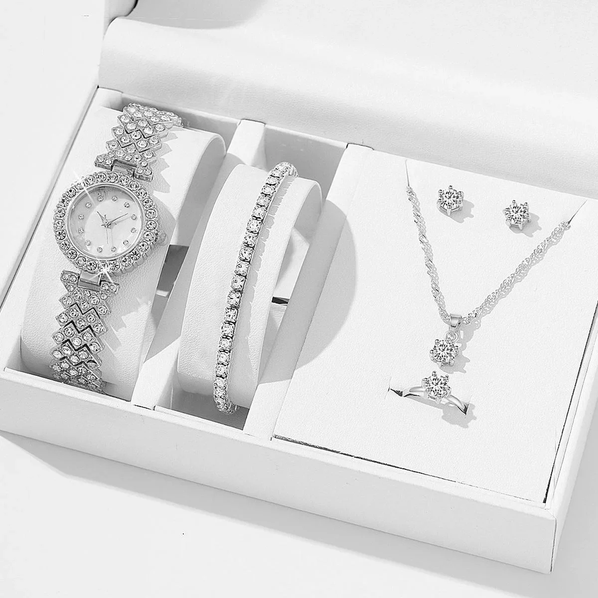 

Women's Quartz Watch Silver Quartz Watch and Jewelry Set Necklace Ring Earrings Bracelet Set Quartz WristWatch No Box