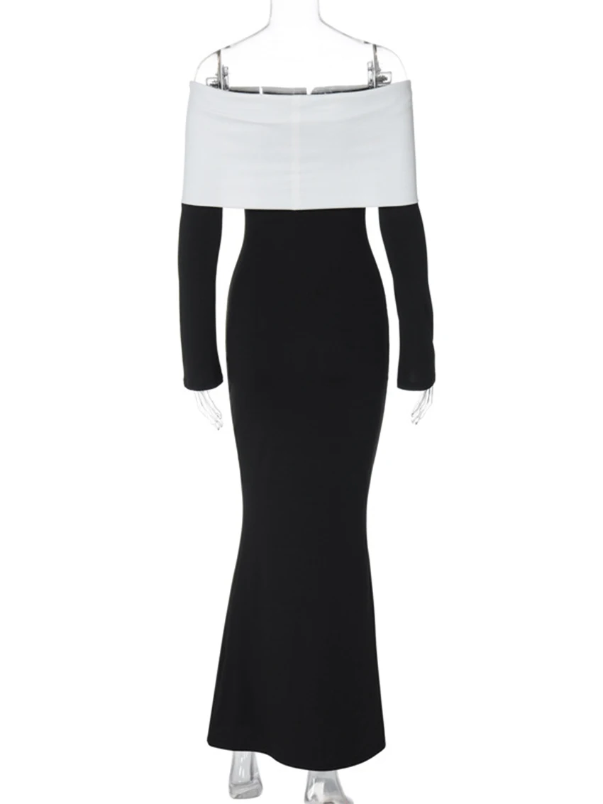 Parc Fee Bodycon Black Patchwork Women's Dress 2025 Fashion Slash Neck Long Sleeve Ankle Length Dresses Streetwear Female Dress