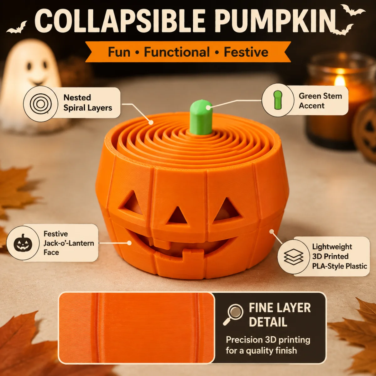 1 Pc Retractable Layered Pumpkin Toy,Eco PLA 3D Print,Halloween Smiley Pumpkin Stress Relief Fidget Ornament for Desk Decor