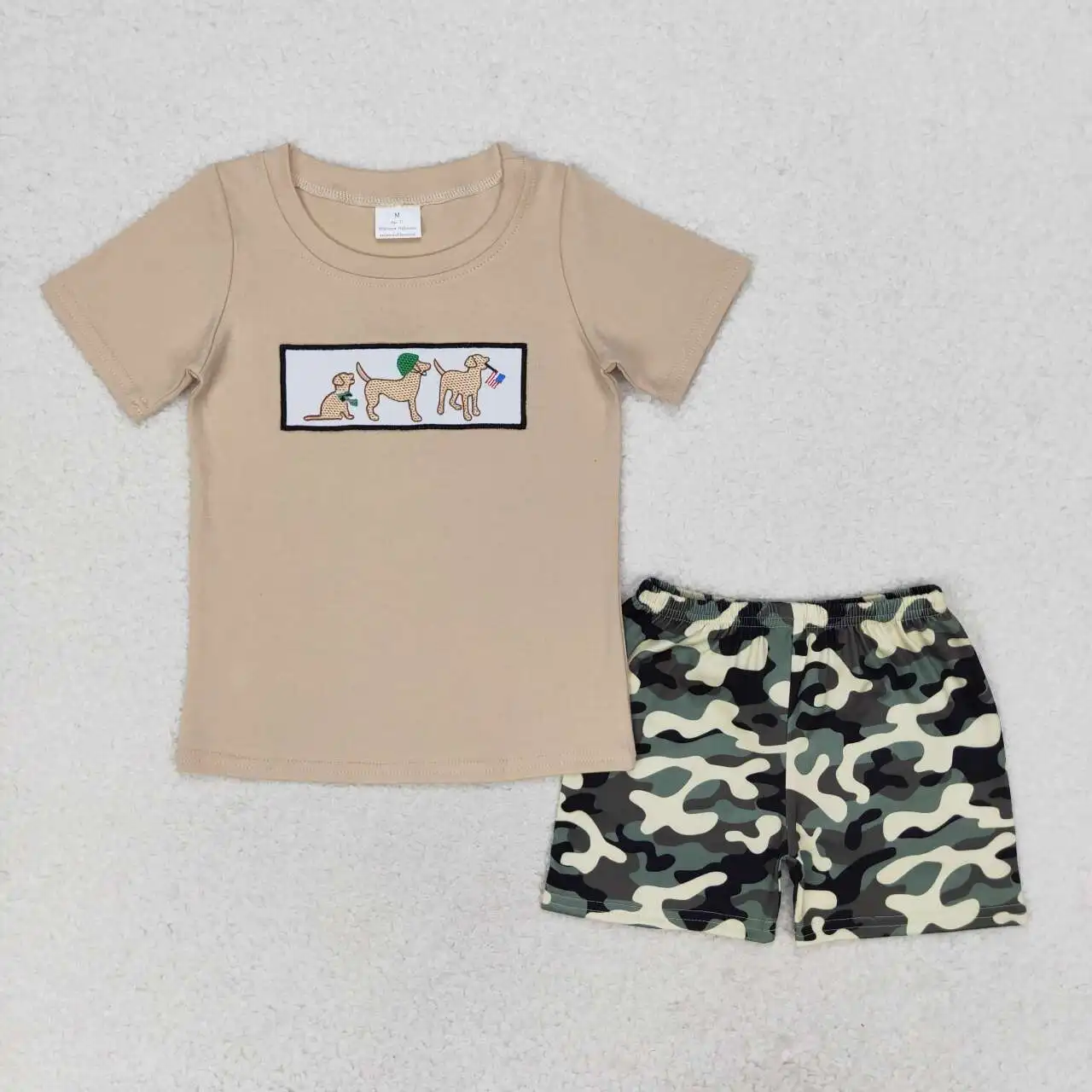 

Toddler boys embroidery dog Outfits Clothes Baby Short Sleeves Top camo Shorts Kids Clothing Wholesale boutique summer set