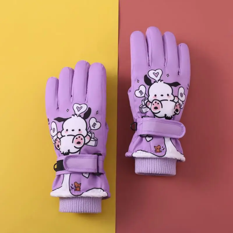 Kawaii Ski Gloves Kids Cartoon Pochacco Winter Warm Touch Screen Gloves Thicken Outdoor Cycling Windproof Anti-Slip Girls Gift