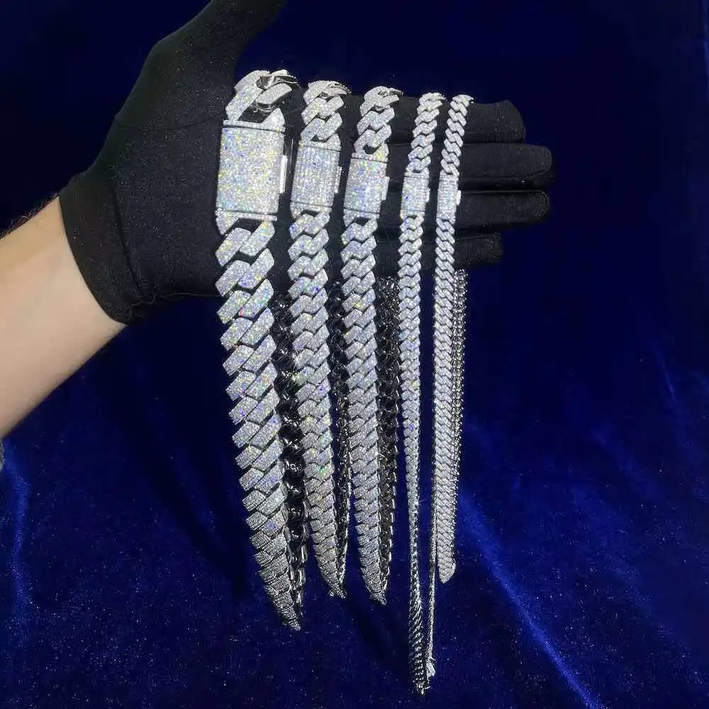 12 مللي متر مويسانيتي كوبي ربط سلسلة 16'-24' الجليد خارج الماس الهيب هوب الرجال 925 قلادة فضية #2