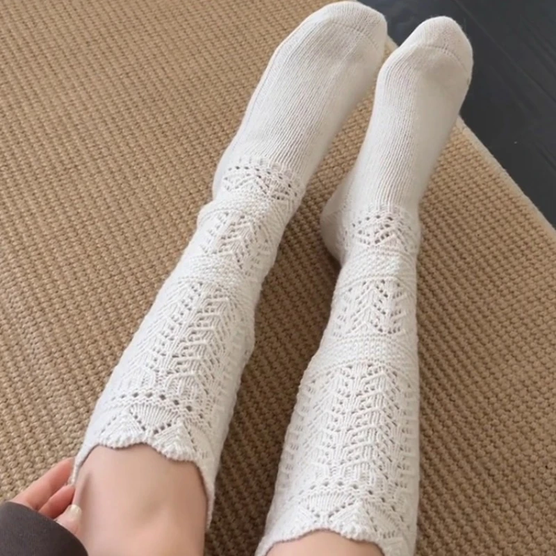 Fall Winter Breathable Cutout Socks Korean Fashion Knit Piled Calf Socks Simple Stretchy Warm Hosiery for Women Home Daily Wear