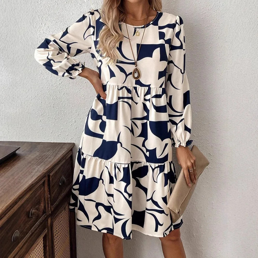 

Dress Women O Neck Print Long Sleeve Dresses Knee Length Dress Pullover Y2k Streetwear Loose Summer Slight Strech 2025 Casual