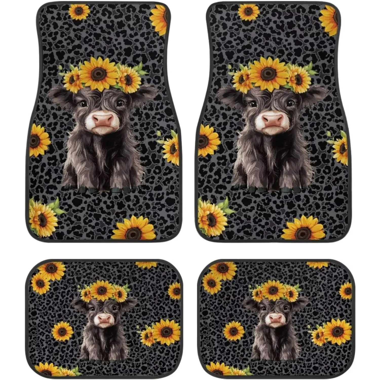 Highland Cattle Sunflower Leopard Pattern Car Floor Mats Full Set Of 4 Non-Slip Floormat Covers All Weather Auto Protection Univ