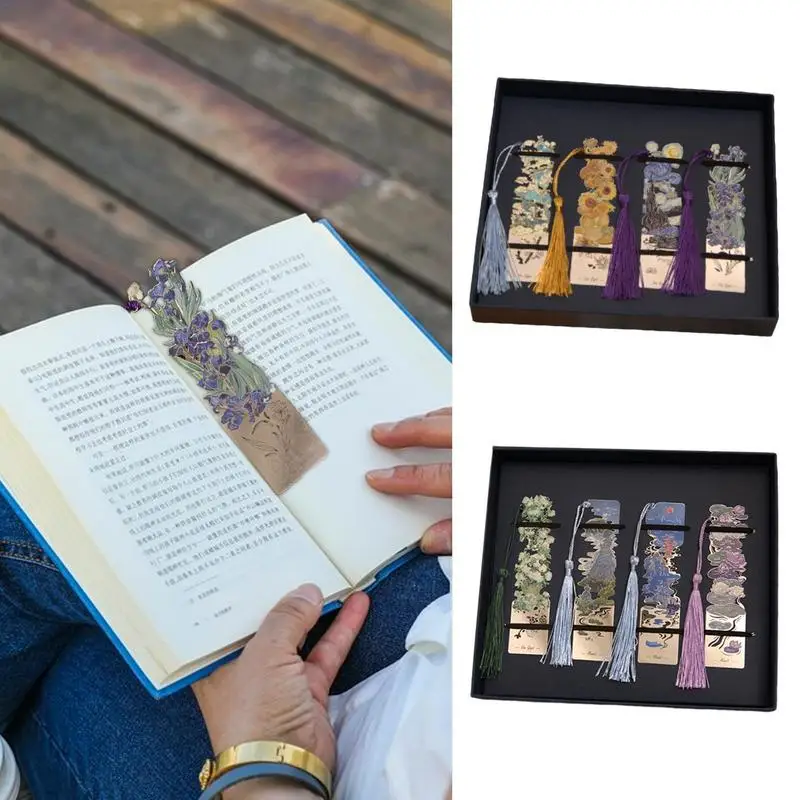 Metal Bookmark Oil Painting Art Style Page Markers Set Of 4 Metal Aesthetic Bookmarks With Tassel For Book Lovers Writers