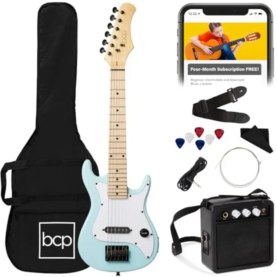 

electric guitar beginner starter kit for home practice, powder blue ABS body, lightweight design with included 5W amp, strap, g