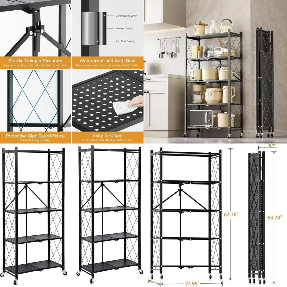 

Double-Tier Heavy-Duty Collapsible Metal Storage Rack, 27.95x14.96x63.78, 1250 lbs Capacity with Wheels, Black, 2-Pack