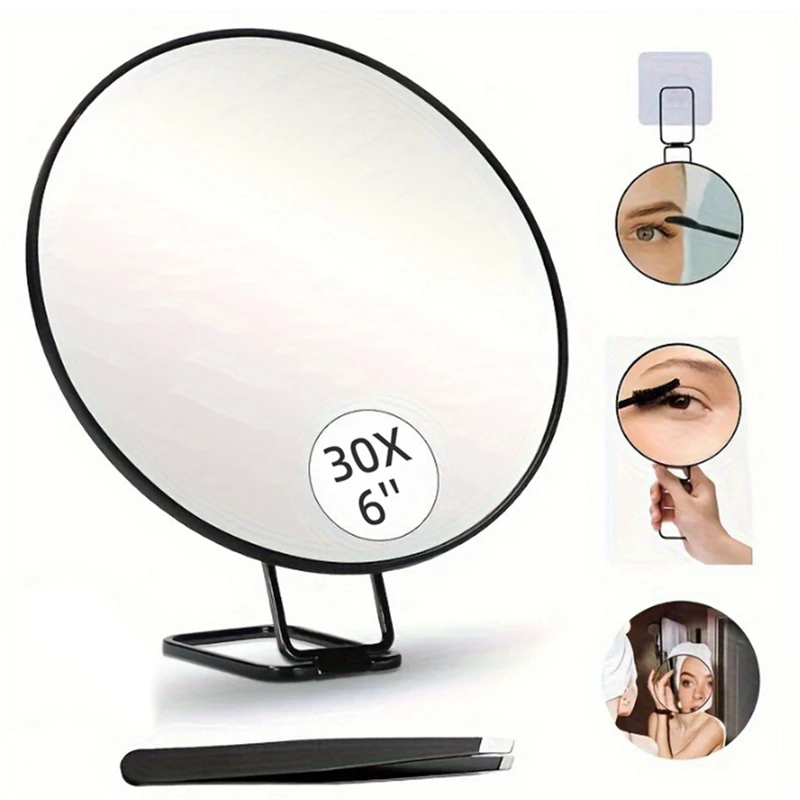 30X Magnifying Mirror With Stand Tweezers Magnified Makeup Mirror  With 3 Suction Cups  For Grooming & Travel