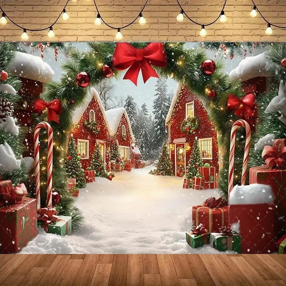 

Winter Christmas Snow Town Photography Background, Arch Christmas Tree Gift Decoration Children's Portrait Photography Backdrop