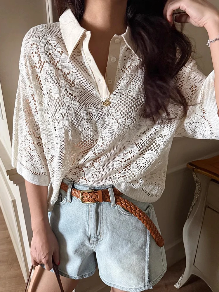 

Gagarich Palace Style Polo Collar Hollow Hook Flower Lace Shirt Women Summer New Design Versatile Top