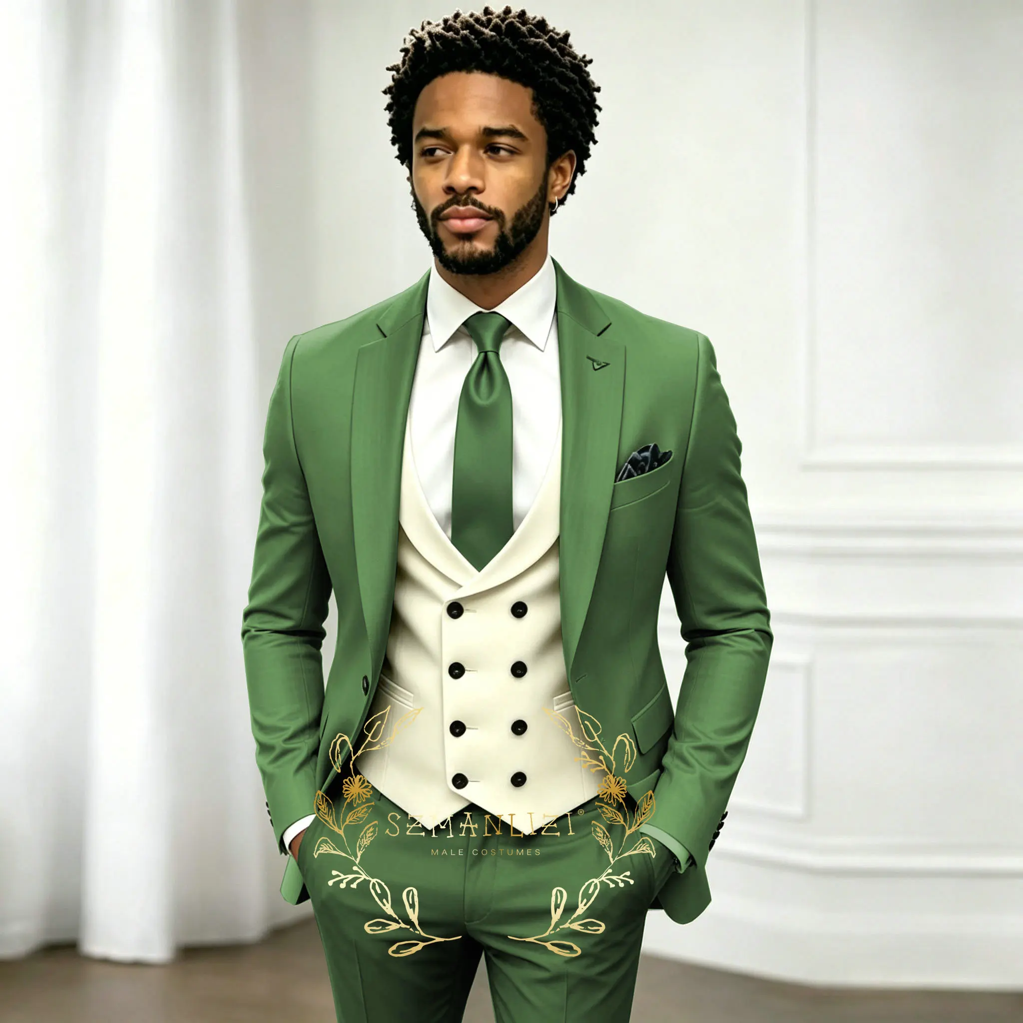 Trajes de boda Amy Green de 3 piezas para hombre, trajes de novio a medida, traje formal de moda para hombre, disfraz para fiesta de graduación, traje de boda para hombre