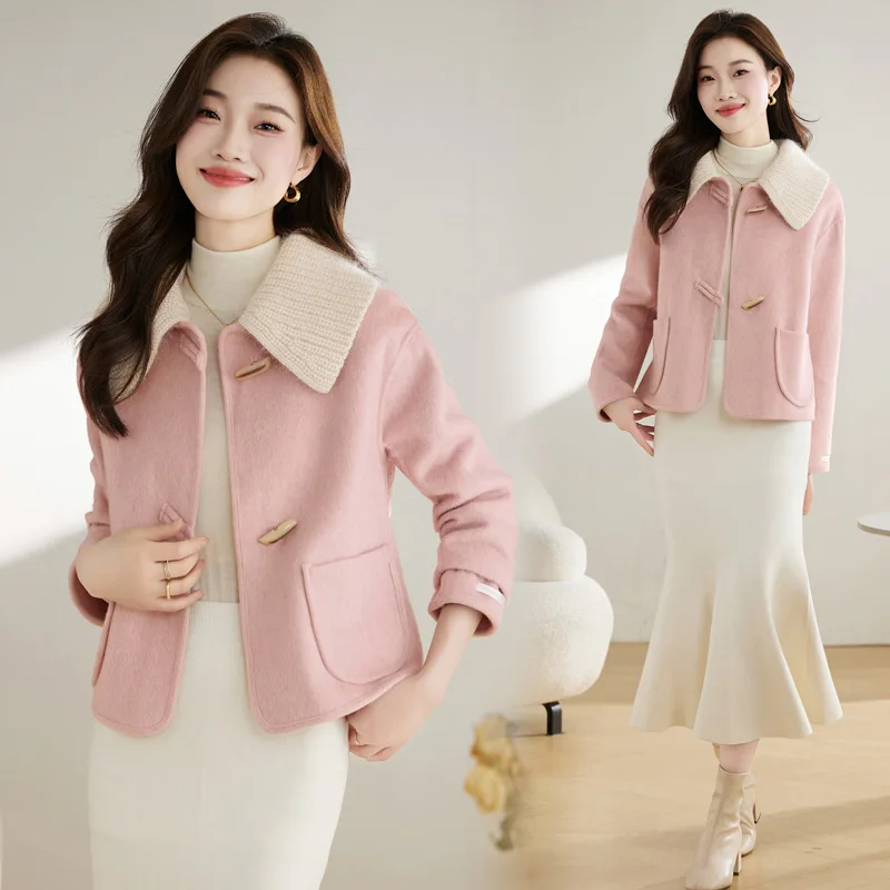 Double-sided cashmere coat women's autumn and winter thin temperament knitted splicing Hepburn small fragrant short woolen coat