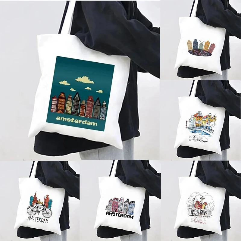 

Amsterdam Cityscape Pattern Canvas Tote Bag Fashionable Shoulder Bag Stylish Accessory For Travel Shopping Daily Use