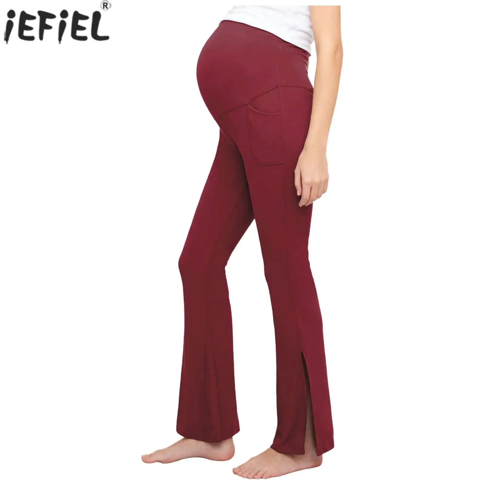 

Эластичные расклешенные леггинсы для беременных, брюки-клеш с разрезом по бокам и карманами для тренировок в йоге