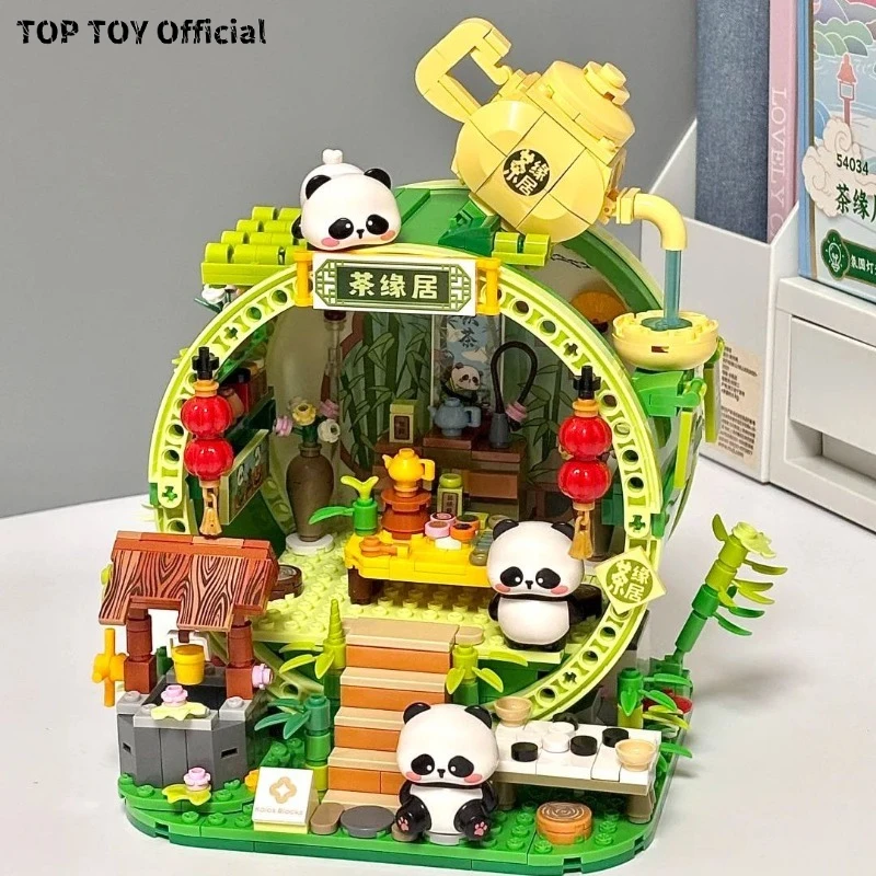 Panda Bamboo House Building Blocks Tea House Small Particle Street Scene Assembly Toy Assembly Model Room Decoration Gift