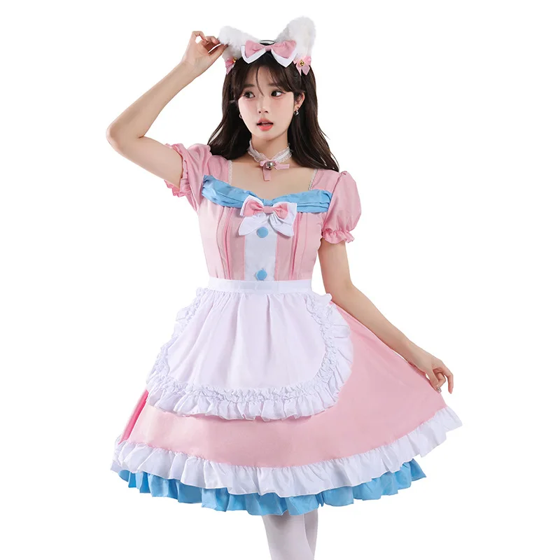 

New Super Cute Maid Outfit With Bow For The Cafe Lolita Style Female Costume Pink And Blue Cute Dress
