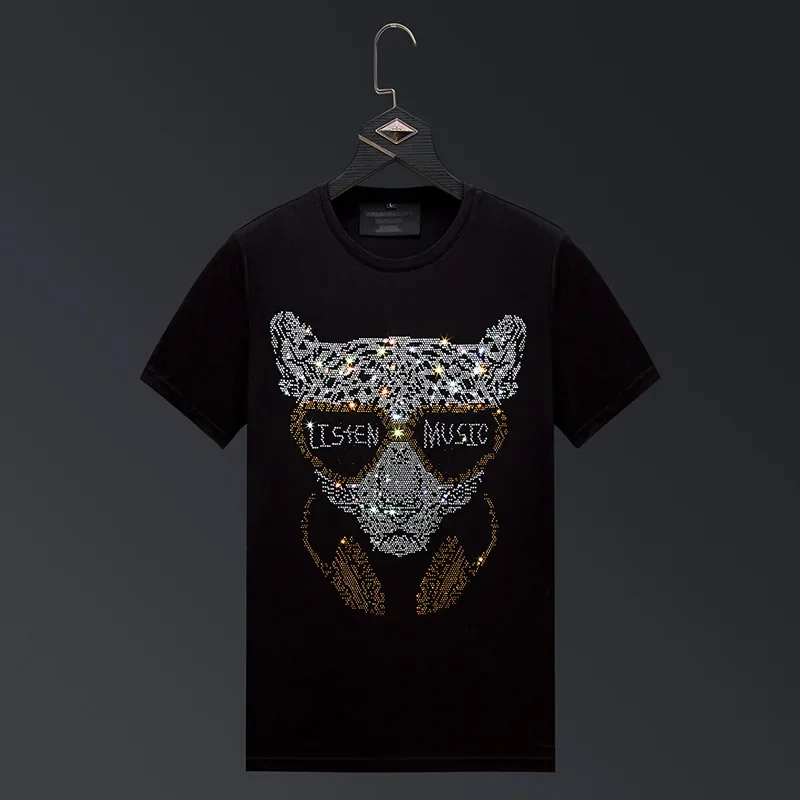 

Rhinestones Leopard T Shirts Men Summer Clothes Fashion Streetwear O Neck Short Sleeve Thin Cool Elastic Cotton T-shirts Camisas