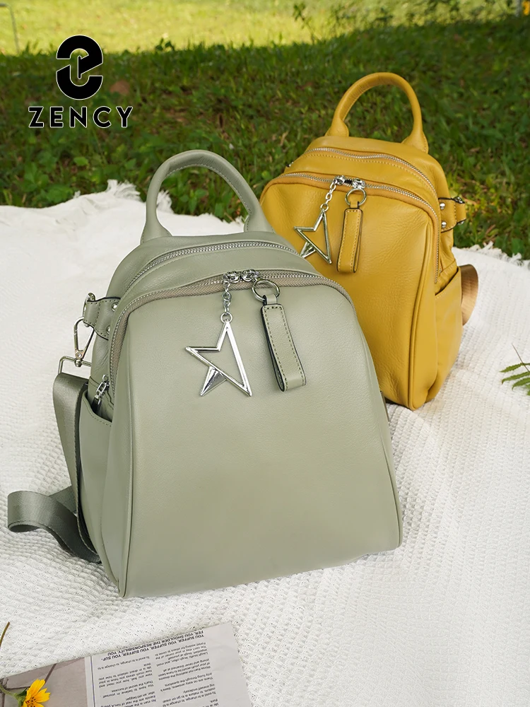Zency Genuine Leather Women's Backpack Large Capacity Shoulder Bag with Wide Strap Cowhide Leather Multi-pockets Girls Knapsack