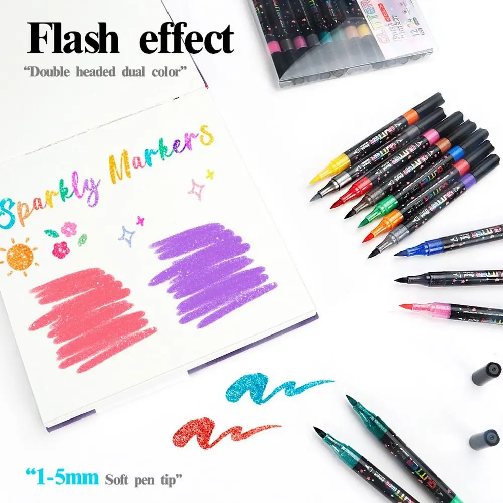 

12/24pcs Glitter Flash Marker Pen Soft Tip Double Tip Double Colors Glitter Fluorescent Pen Graffiti Painting Pen Gift