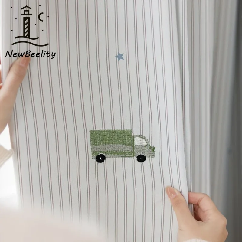 New Curtain Embroidery Cotton and Linen Cute Car Cartoon Curtains for Living Dining Room Bedroom Custom Size White Tulle Drapes