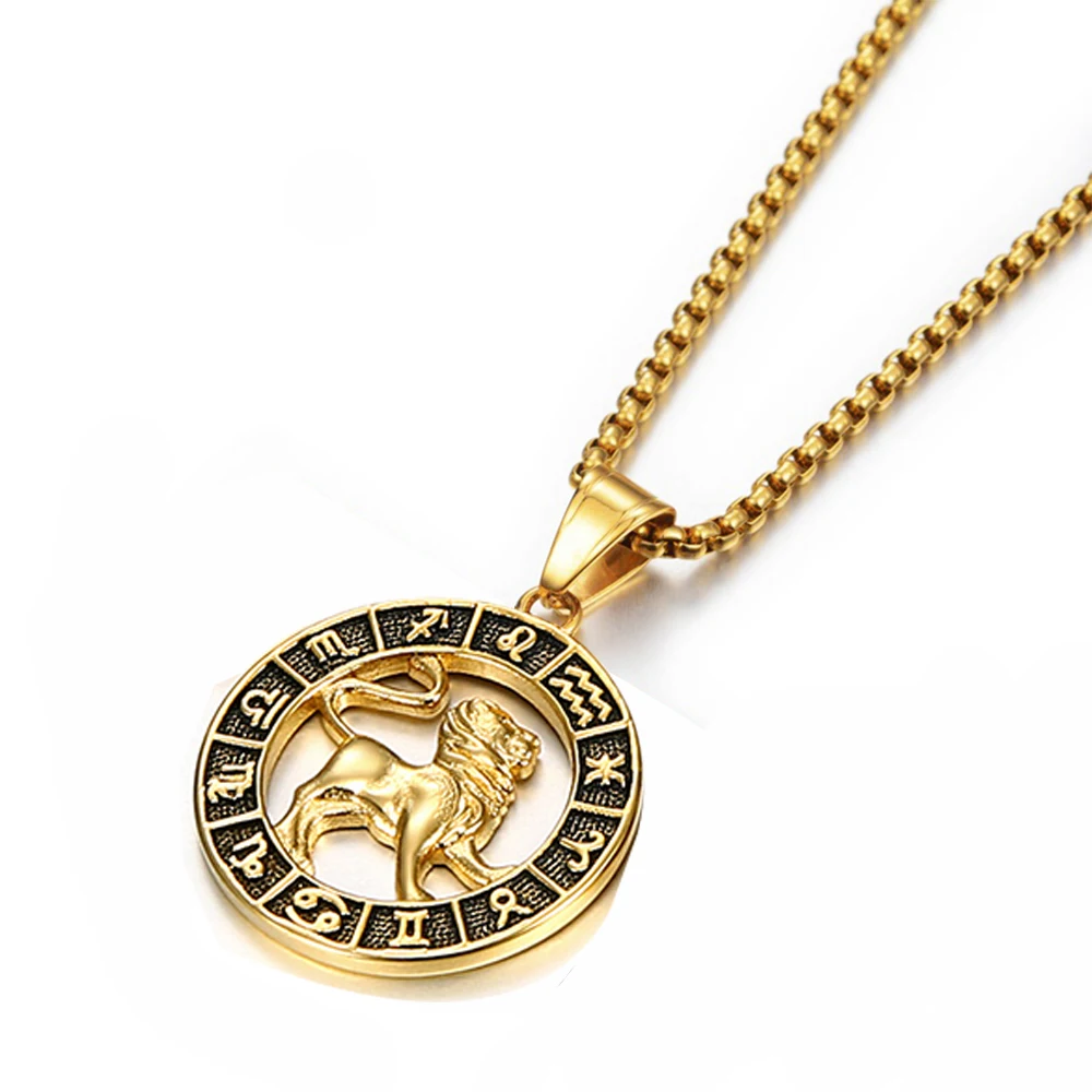 Zodiac Sign Leo Scorpio Pendant Necklace for Women/Men Gold Color Stainless Steel Round 12 Constellation Necklaces Dropshipping