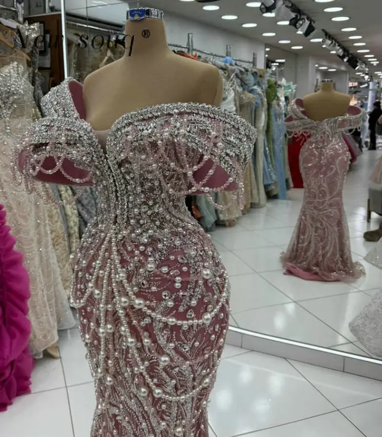 Soft Pink Pearls Beaded Crystals Mermaid Evening Dresses 2025 Customized Long Off Shoulder Wedding Party Gowns Formal Prom Robes