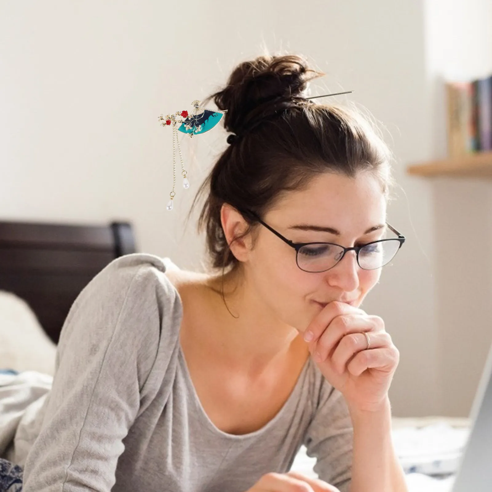 

Fan Shaped Stick Chinese Chopsticks Tassel Ancient Style Pin For Hanfu Updos Long Hair Styling Asian Hair Accessories