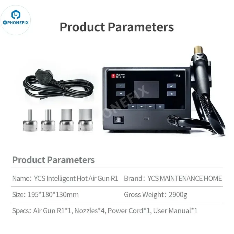 

Qianli & YCS R1 1000W Intelligent Soldering Station with Hot Air Gun 4 Nozzles for IPhone Electronic Components Repair Tool Kit