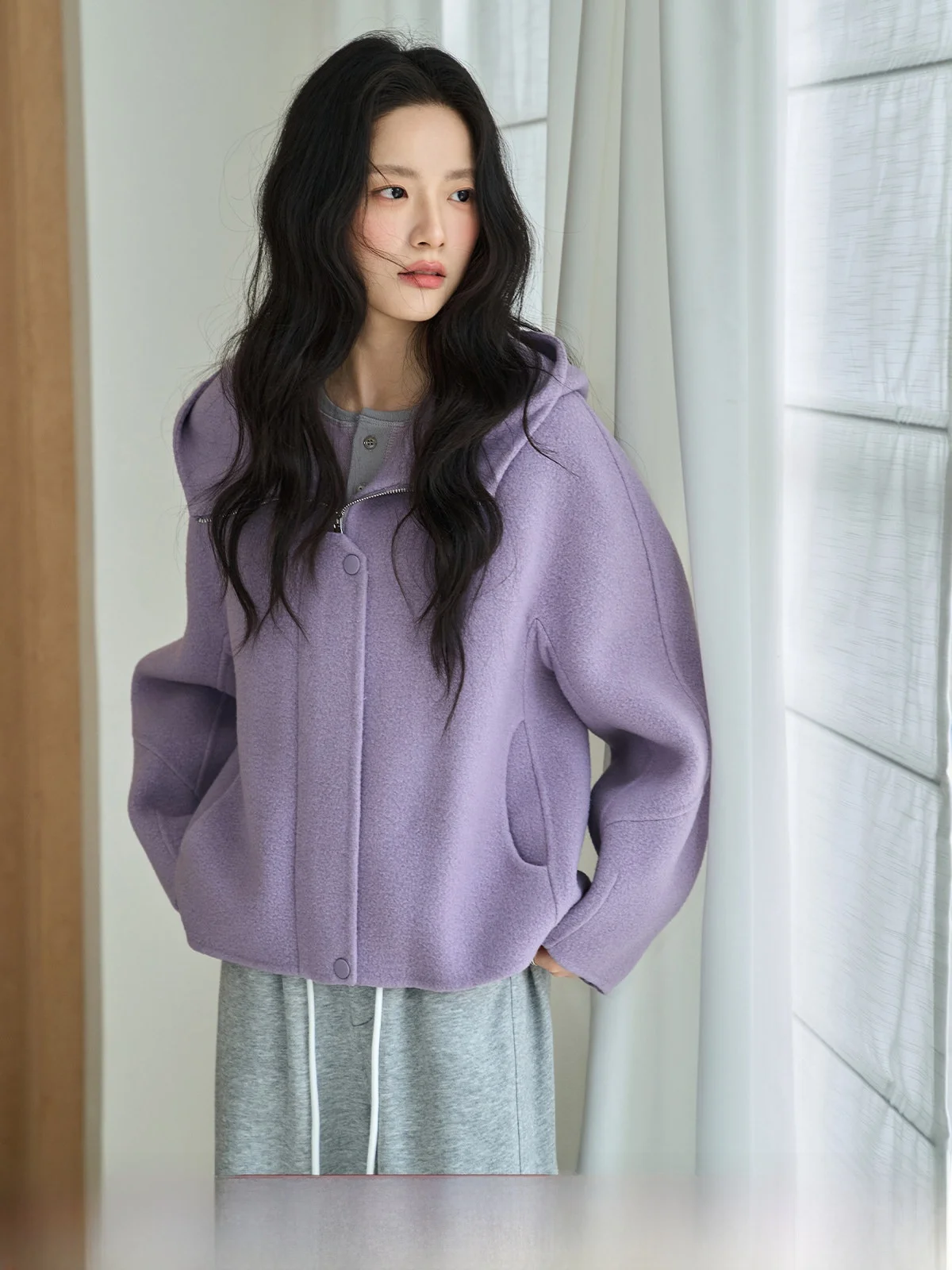 

Фиолетовое двустороннее пальто-камерер с капюшоном для женщин или шерстяное пальто, зимнее новое пальто маленького размера, женская одежда