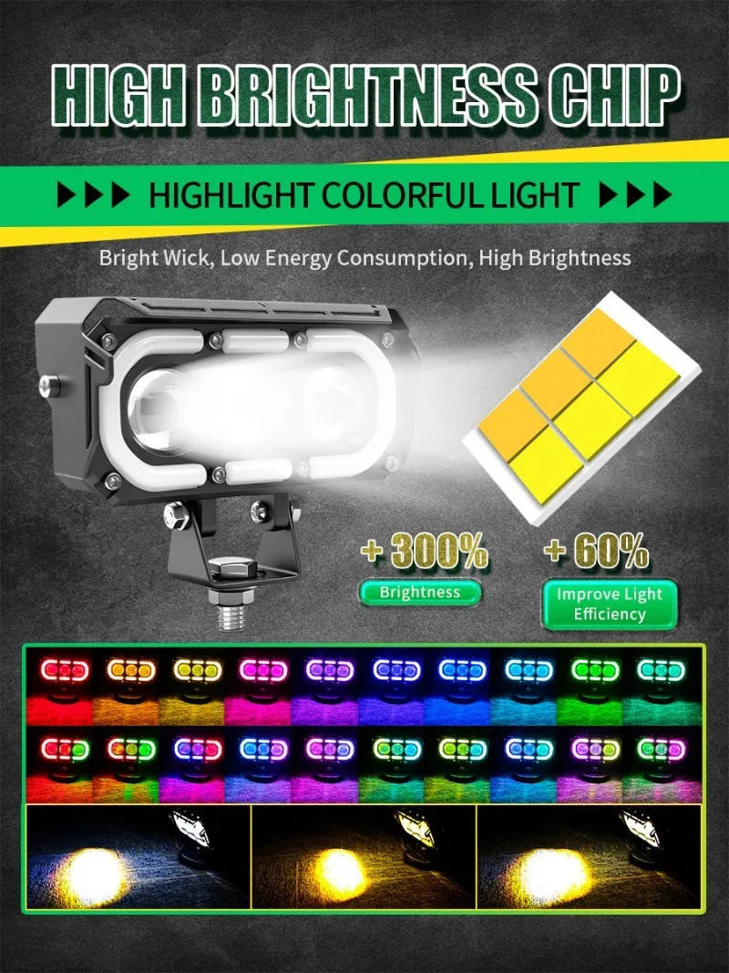 1PCS Motorcycle RGB Aperture LED Spotlight Lens 30W White Yellow High/Low Beam Moto Headlamp LED Driving Lights 12V