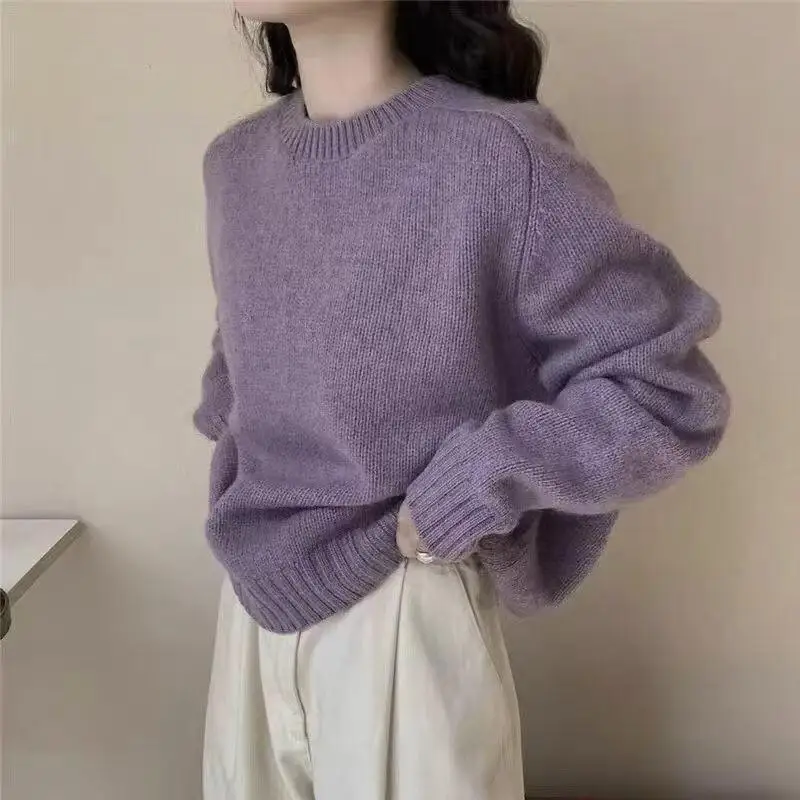 

Women Sweater Autumn and winter Purple Round Neck Sweater Women Soft Knitted Tops Short Casual Lazy Style Shirt New innerwear