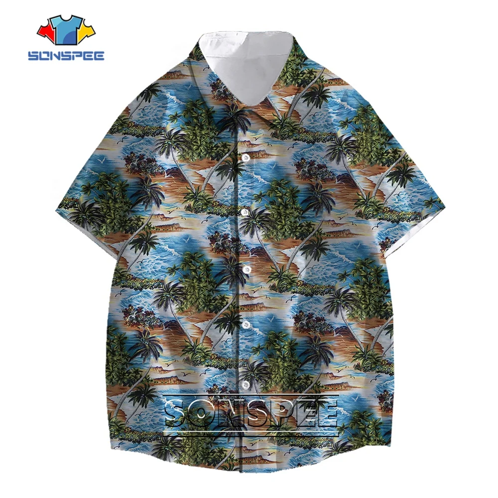 

SONSPEE Dense Pattern Beach Coconut Tree 3D Print Harajuku Hawaii Shirt Men Women Seabirds Hip Hop Oversize Short Sleeve Blouse