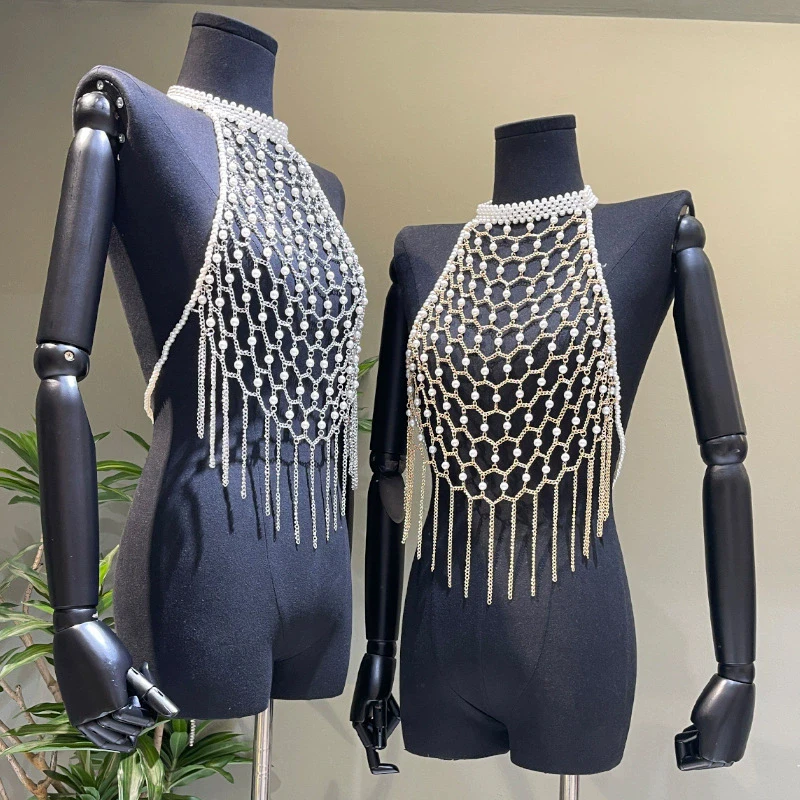 Festival Damen Neckholder-Top mit Perlenkette, Hohlnetz-Quasten-Körperschmuck, Silber Gold Rave-Outfits, Strandparty-Kleidung, Crop Tops – Detail 4