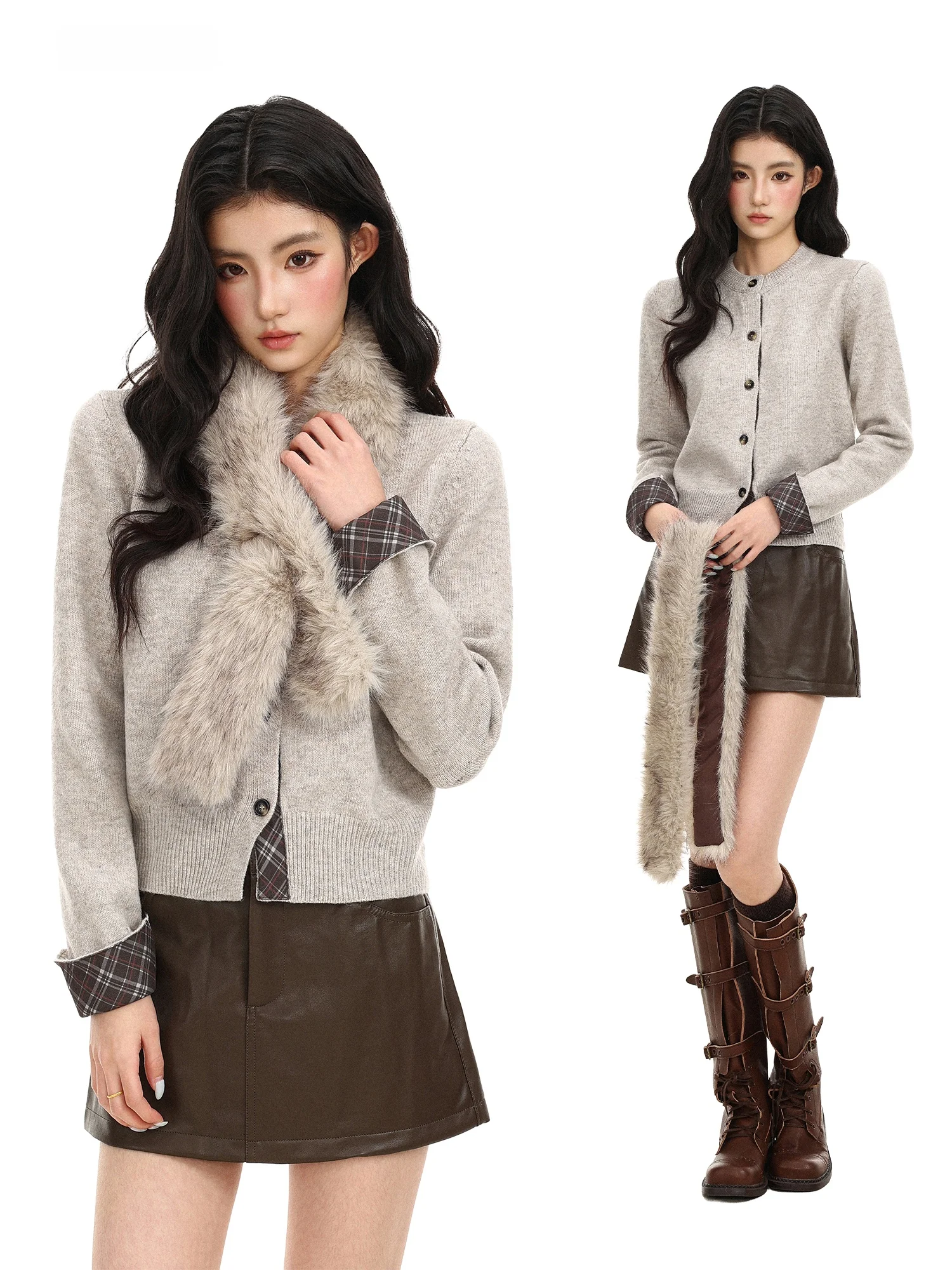 Women's Short Woolen Knitwear Cardigan with Plaid Splicing And Fur Collar Autumn Winter Slimming Top Korean Style Regular Fit