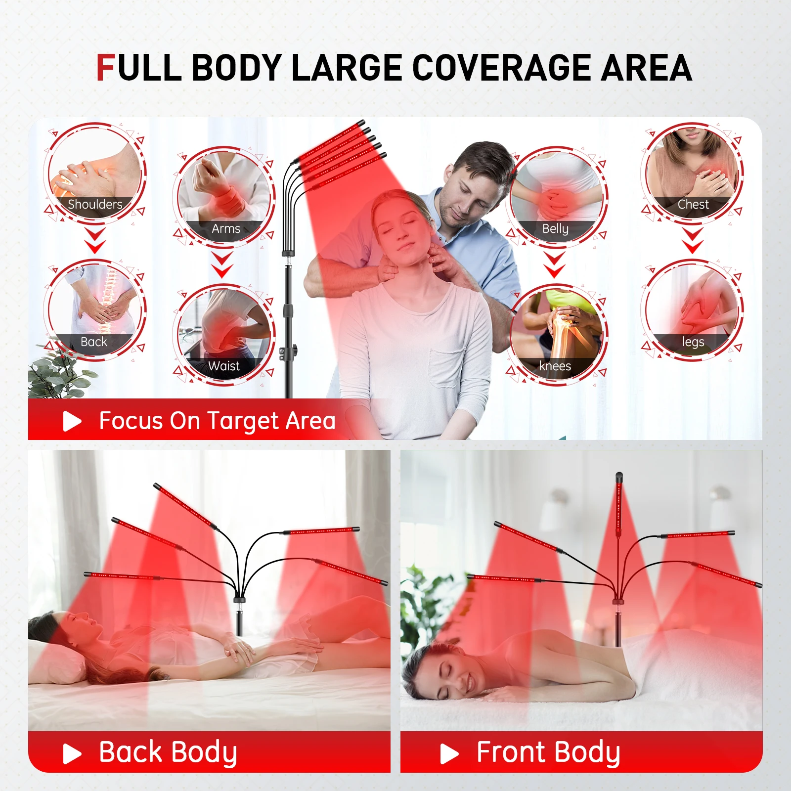 مصباح علاج بالضوء الأحمر 150 مصباح LED 660 نانومتر ضوء أحمر وجهاز علاج بالأشعة تحت الحمراء 850 نانومتر مع حامل تغطية كبيرة لكامل الجسم #3