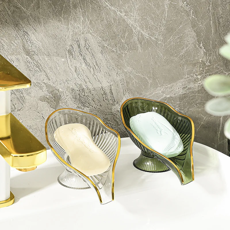 Elegant Golden Rim Leaf Soap Tray Vertical Texture Glass Self Draining Soap Holder For Bathroom Vanity Decor Home Use