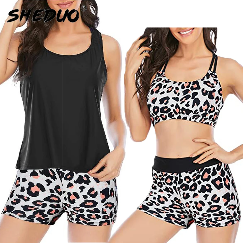 3 peça maiôs para mulher atlético tankini adolescente maiô controle da barriga roupa de banho modesto bodysuit com calções xltop wear